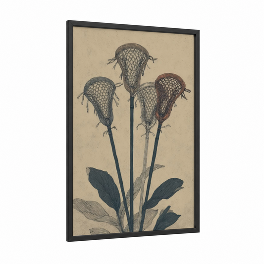 Vintage Lacrosse Sticks framed art print — black wood frame — gray and beige palette