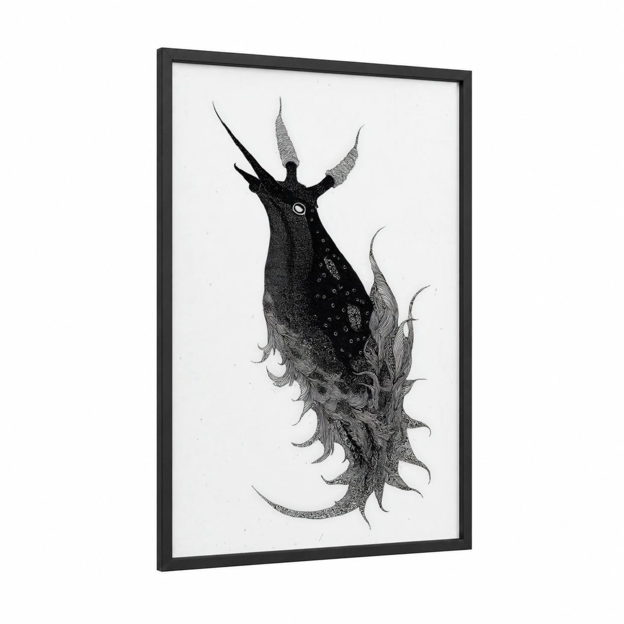Horned Nudibranch framed art print — black wood frame — black and white palette