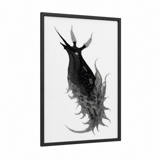 Horned Nudibranch framed art print — black wood frame — black and white palette
