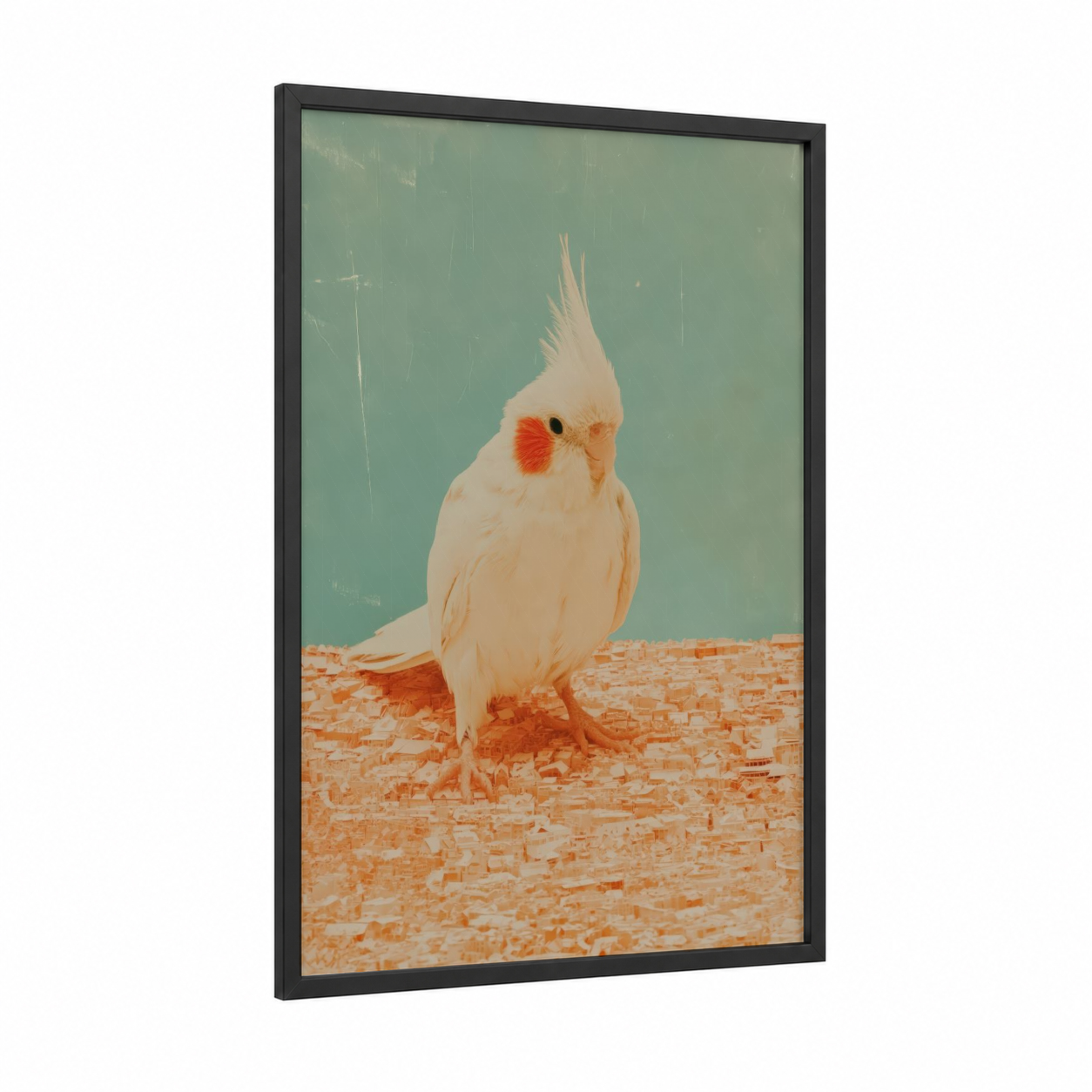 Cream Cockatiel framed art print — black wood frame — sage green and peach palette