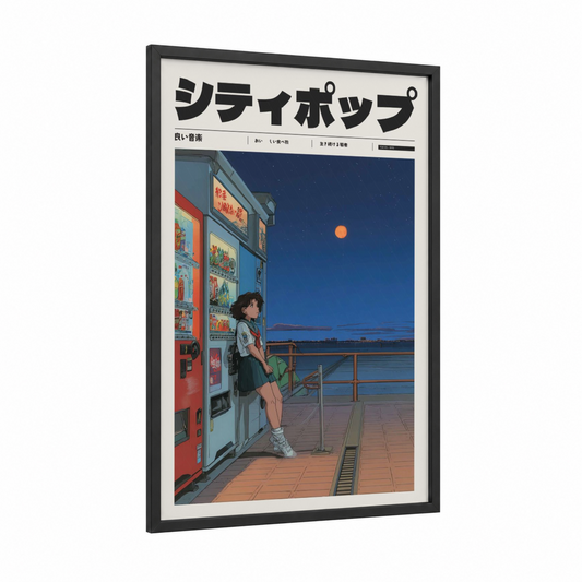 Midnight Convenience framed anime and manga print — black wood frame — dark blue and orange palette