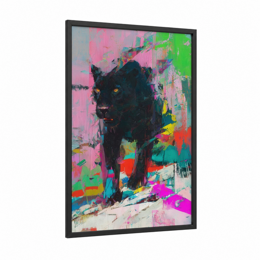 Neon Panther framed art print — black wood frame — magenta and lime green palette