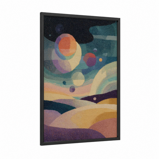 Celestial Dreamscape framed art print — black wood frame — teal and gold palette