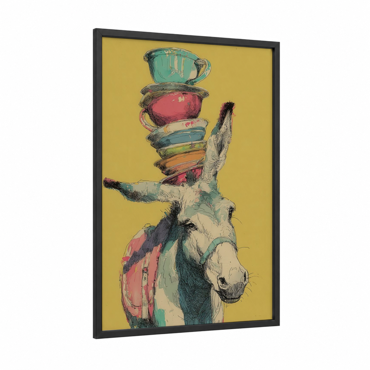 Balancing Mule framed art print — black wood frame — mustard and gold palette