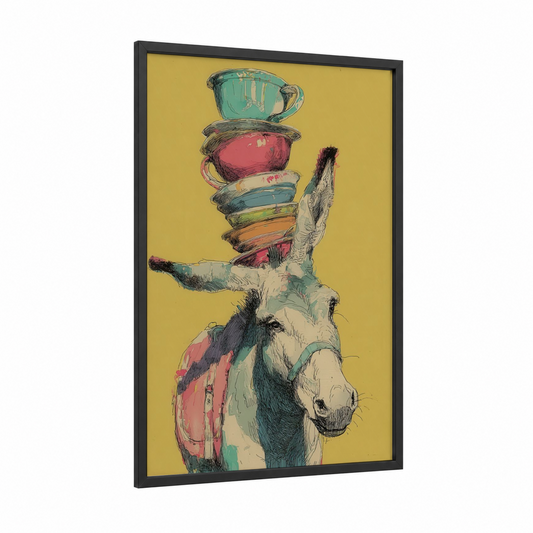 Balancing Mule framed art print — black wood frame — mustard and gold palette