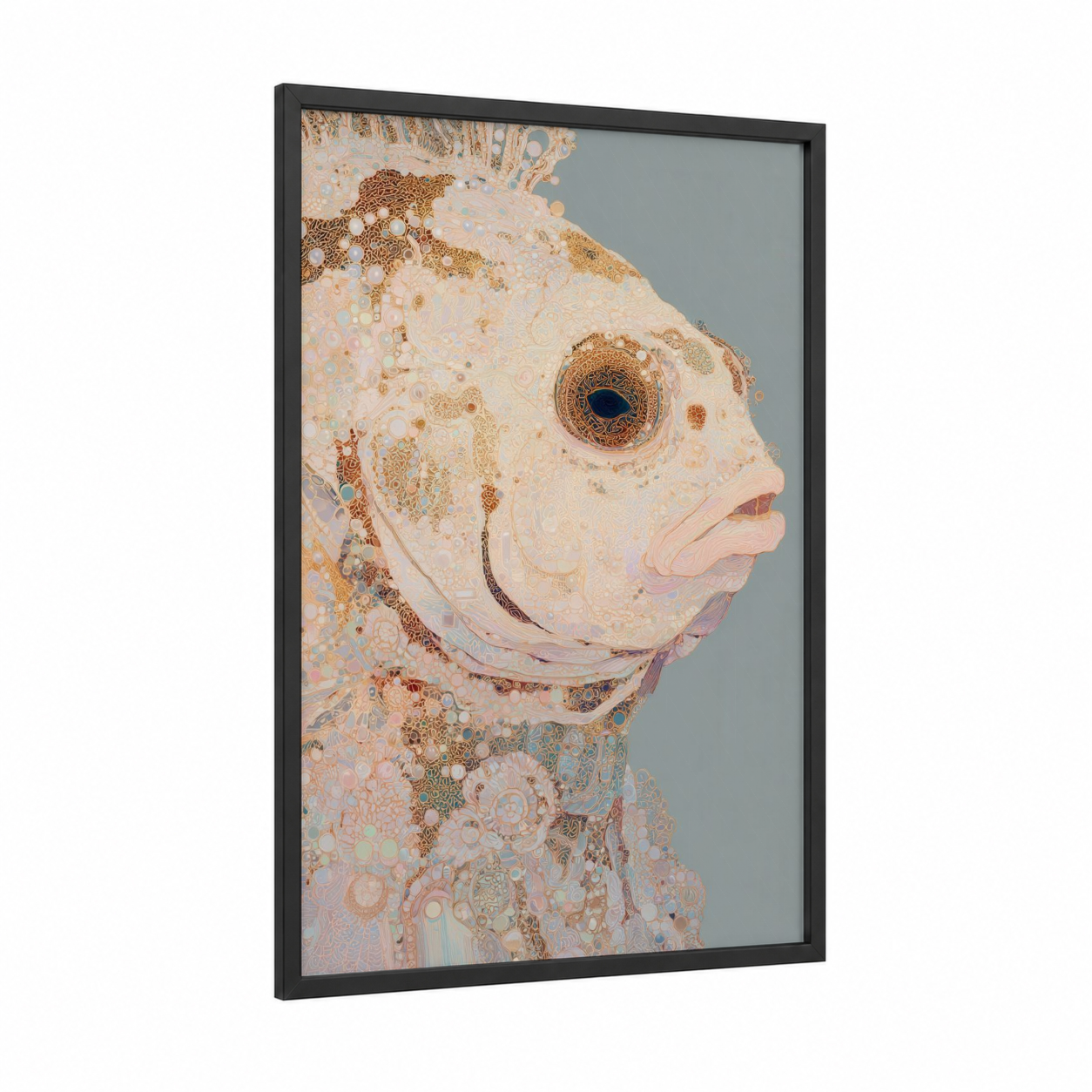 Golden Puffer Fish framed art print — black wood frame — gold and cream palette