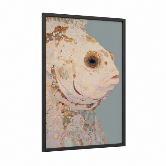 Golden Puffer Fish framed art print — black wood frame — gold and cream palette