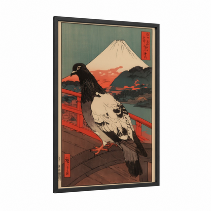 Fuji Pigeon framed art print — black wood frame — cream and russet palette