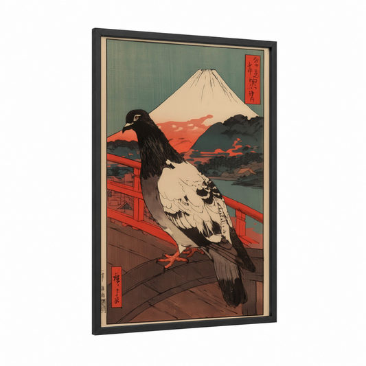 Fuji Pigeon framed art print — black wood frame — cream and russet palette