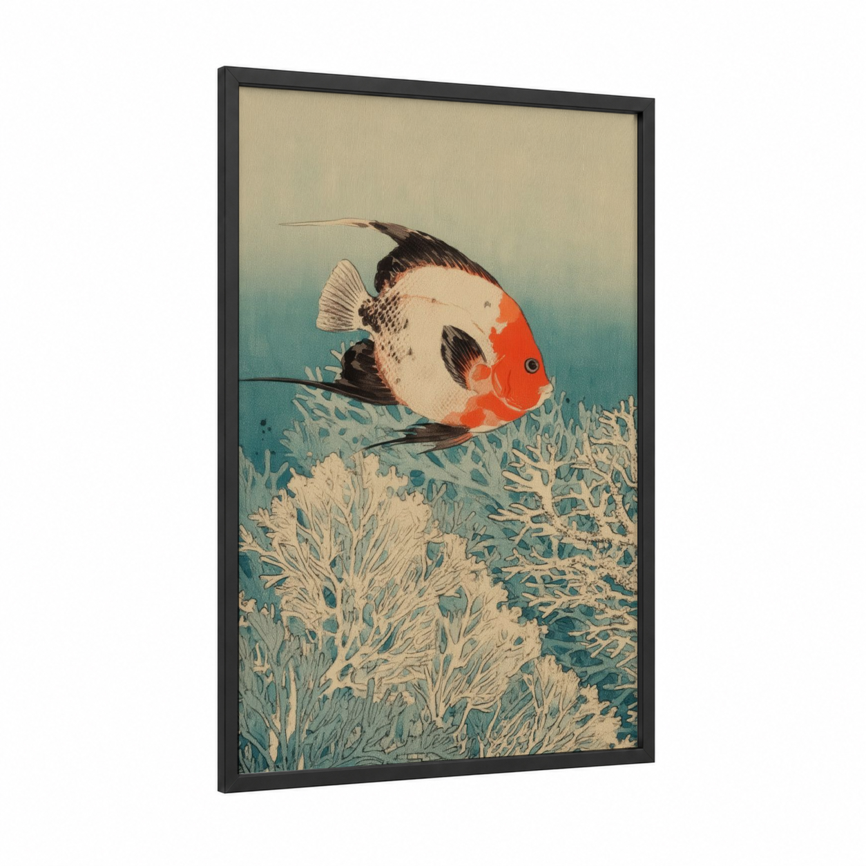 Coral Angel Fish framed art print — black wood frame — teal and cream palette
