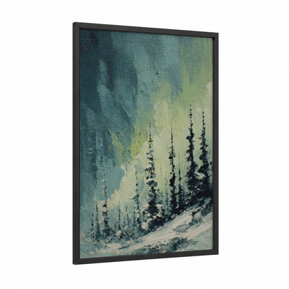 Snowy Aurora Forest framed northern lights print — black wood frame — teal and cream palette
