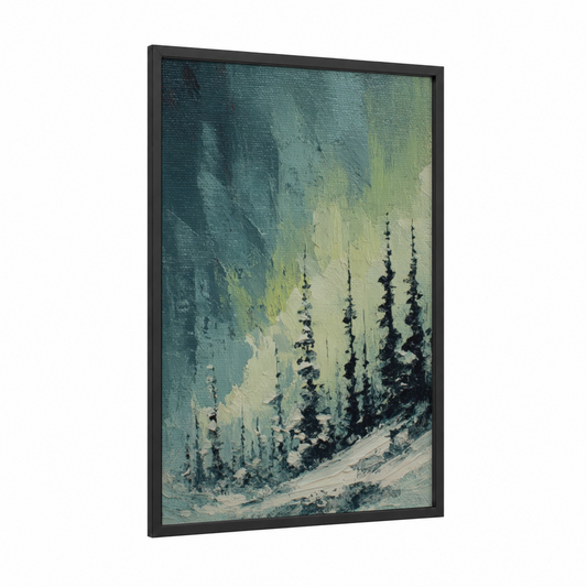 Snowy Aurora Forest framed northern lights print — black wood frame — teal and cream palette