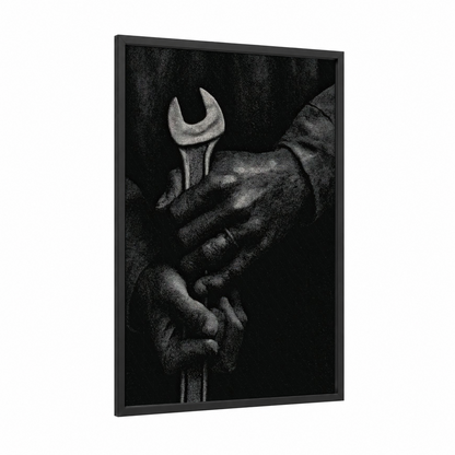 Worker's Hands Wrench framed labor day print — black wood frame — black and white palette