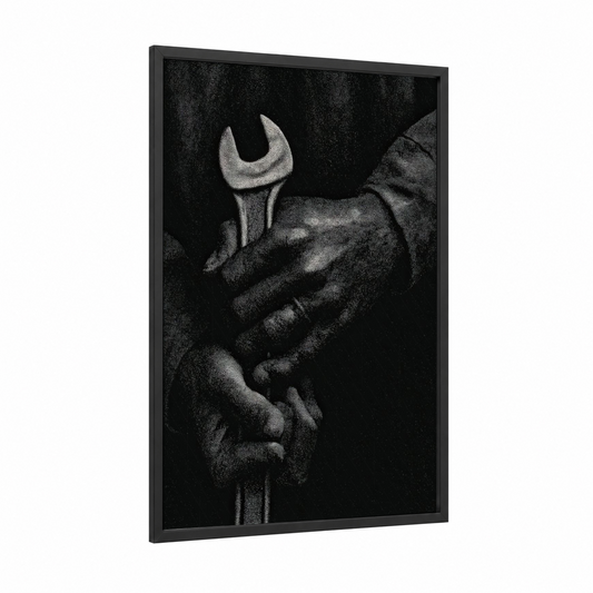 Worker's Hands Wrench framed labor day print — black wood frame — black and white palette
