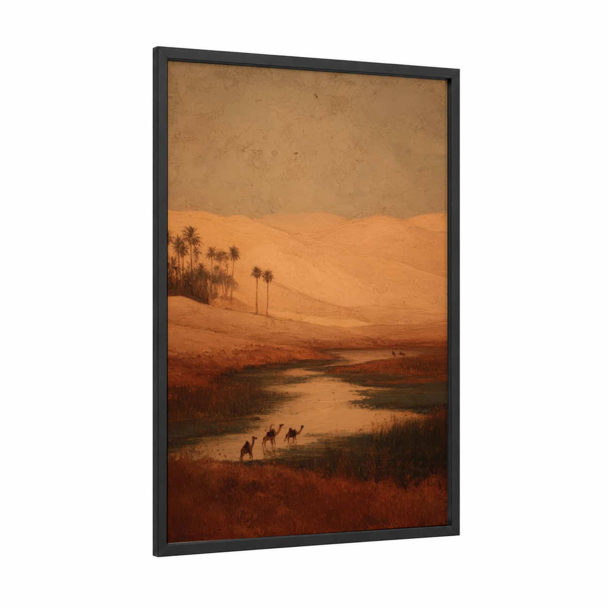 Desert Oasis framed art print — black wood frame — gold and russet palette
