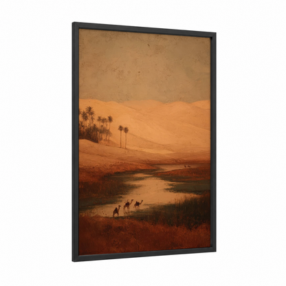 Desert Oasis framed art print — black wood frame — gold and russet palette