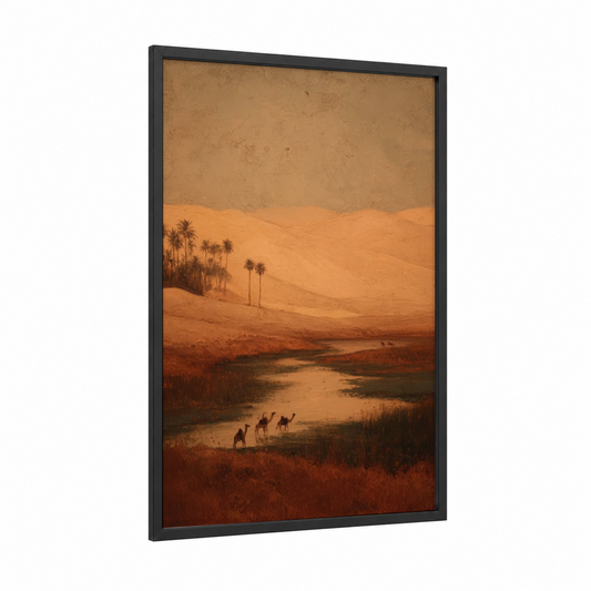 Desert Oasis framed art print — black wood frame — gold and russet palette