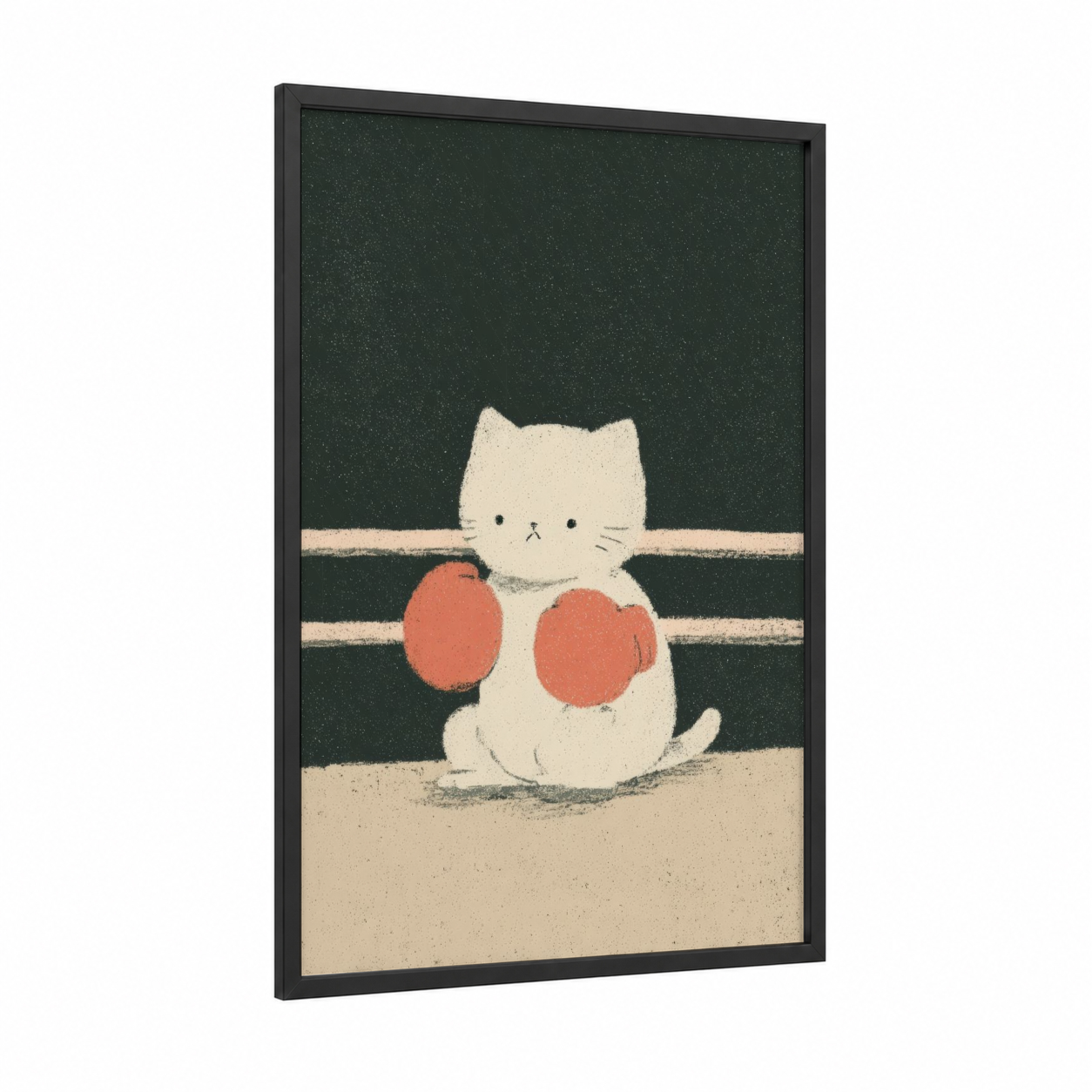 Boxing Cat Champion framed kick boxing print — black wood frame — dark green and cream palette