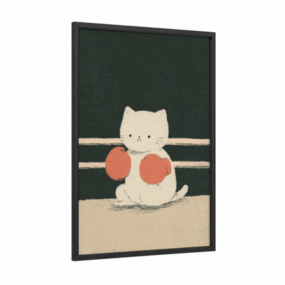Boxing Cat Champion framed kick boxing print — black wood frame — dark green and cream palette
