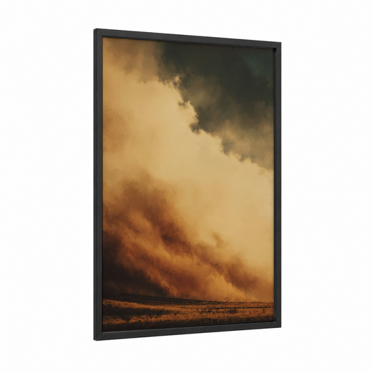 Golden Dust Storm framed dune print — black wood frame — gold and brown palette