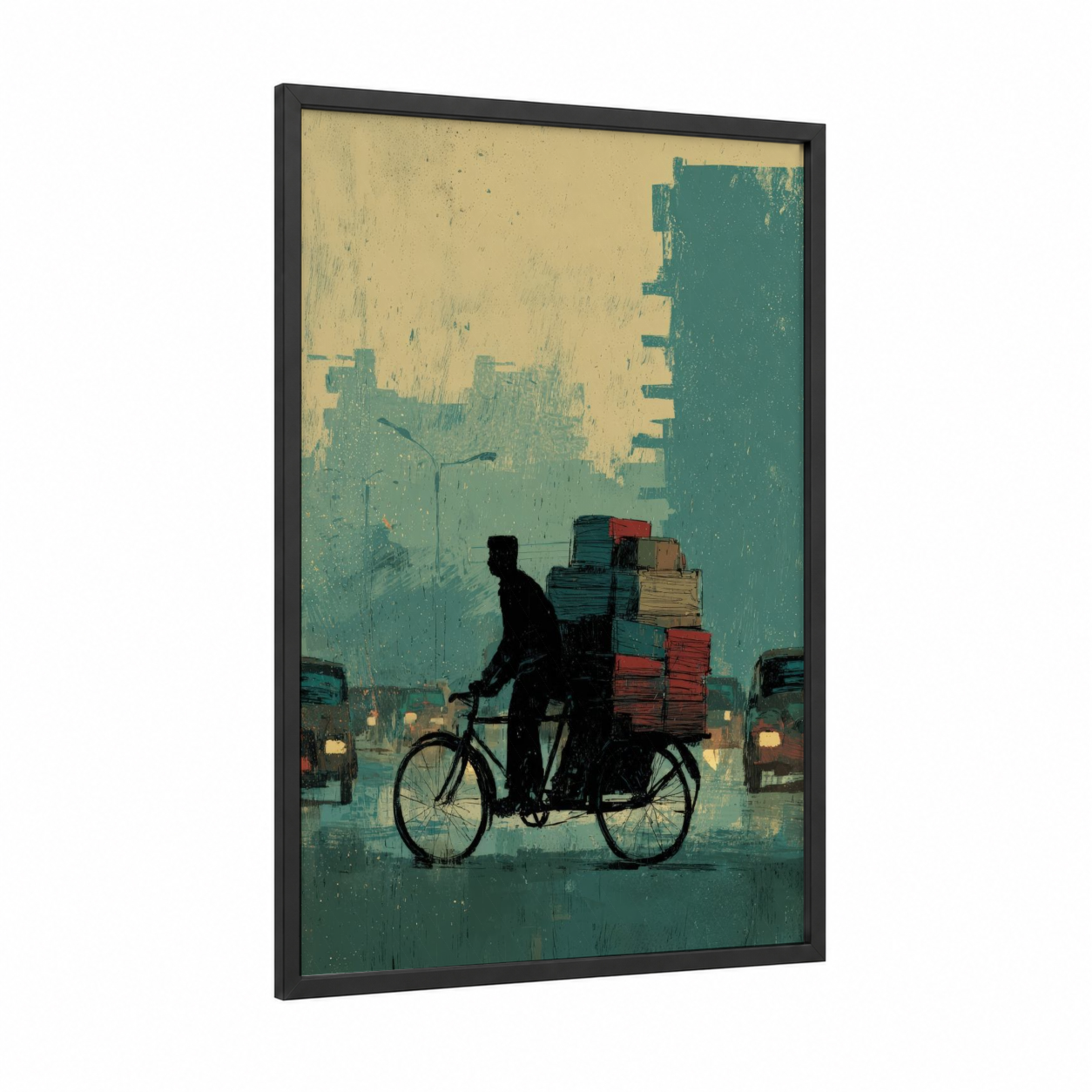 Urban Delivery framed rickshaw print — black wood frame — teal and gold palette