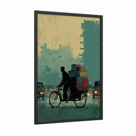 Urban Delivery framed rickshaw print — black wood frame — teal and gold palette