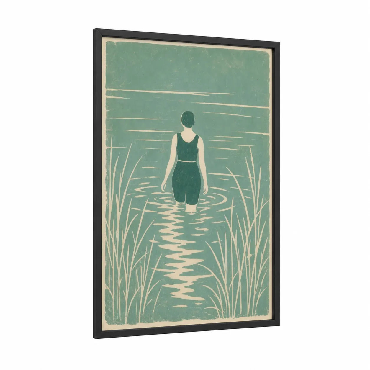 Vintage Swimmer In Lake Wall Art framed swimming print — black wood frame — teal and cream palette
