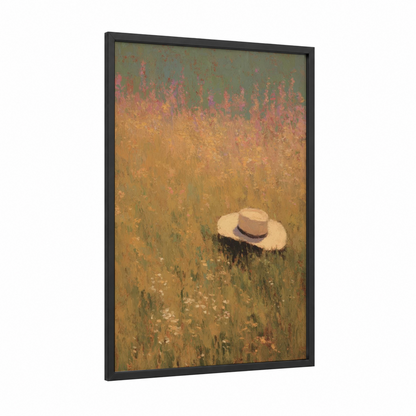 Prairie Hat framed country print — black wood frame — gold and salmon pink palette