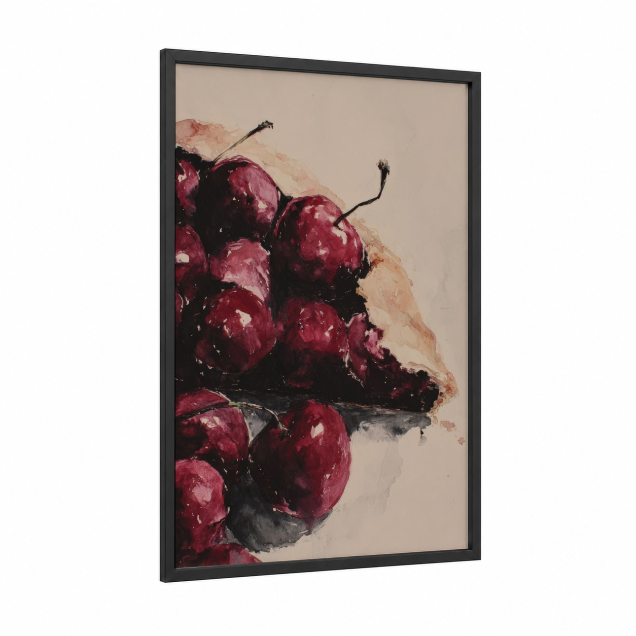 Crimson Cherries framed baking print — black wood frame — red and beige palette