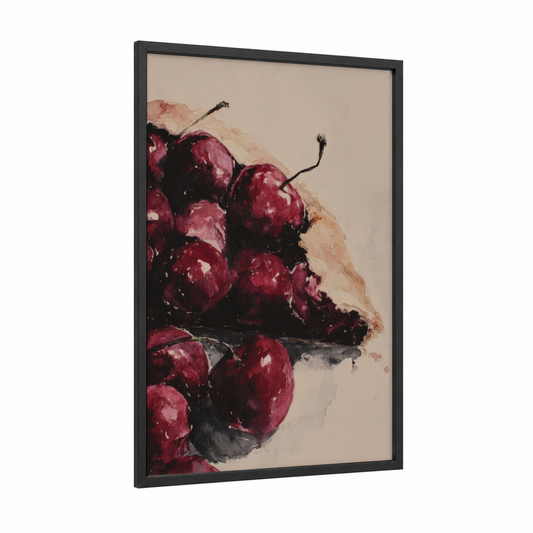Crimson Cherries framed baking print — black wood frame — red and beige palette