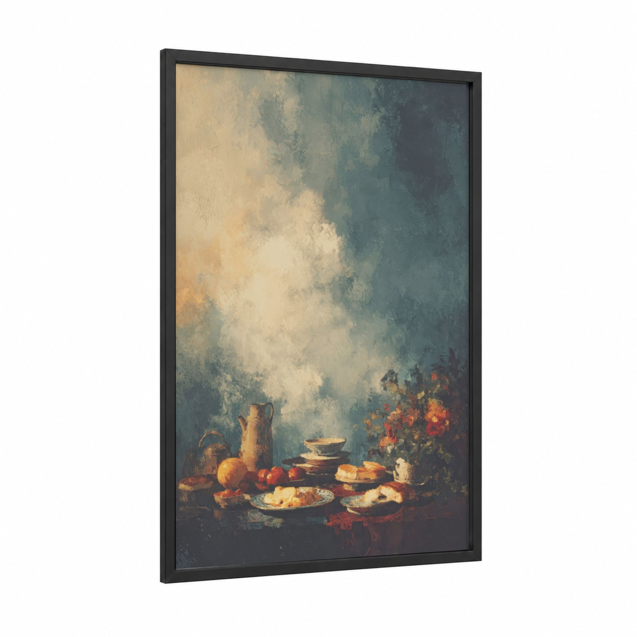 Golden Breakfast Still Life framed art print — black wood frame — gold and dove gray palette