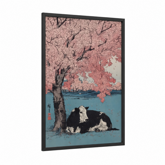 Cherry Blossom Angus framed angus cow print — black wood frame — pink and blue palette