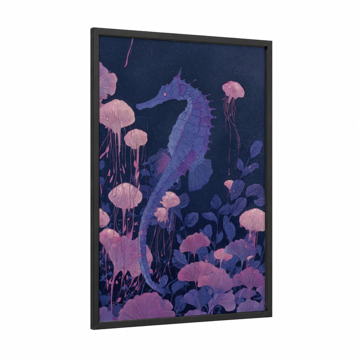 Bioluminescent Seahorse framed sea horse print — black wood frame — blue and pink palette