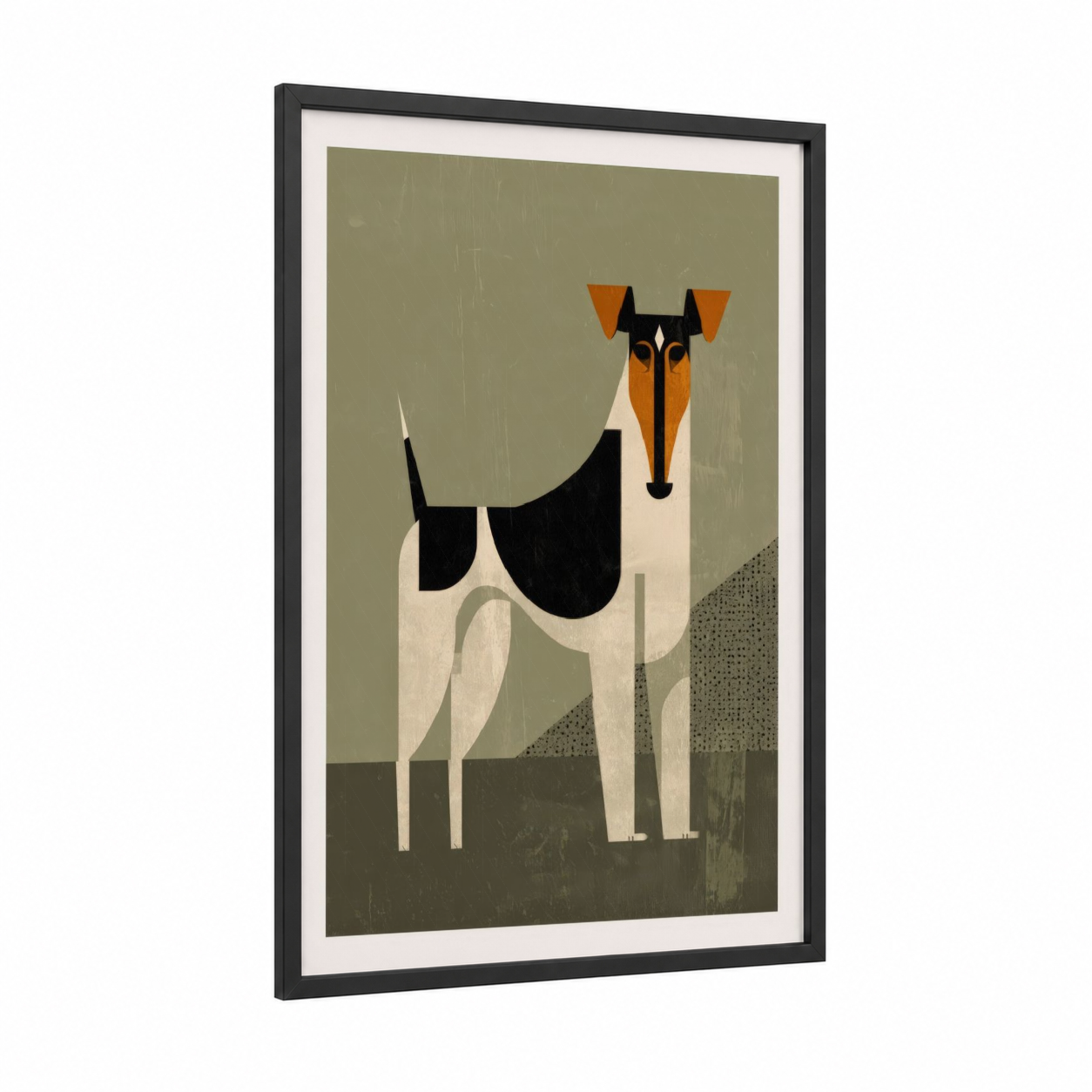 Geometric Terrier framed art print — black wood frame — pumpkin and sage green palette