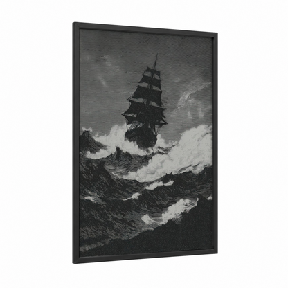 Stormy Seas Vessel framed old ships print — black wood frame — black and white palette