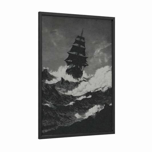 Stormy Seas Vessel framed old ships print — black wood frame — black and white palette