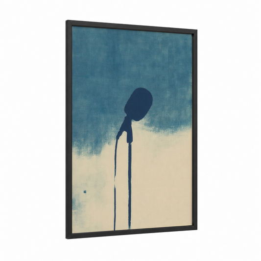 Solitary Microphone framed art print — black wood frame — blue and cream palette