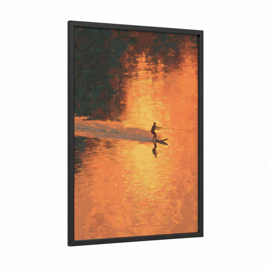 Golden Sunset Skiing framed water skiing print — black wood frame — orange and gold palette