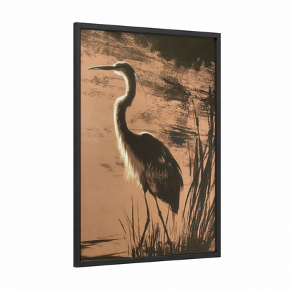 Twilight Heron framed art print — black wood frame — gold and black palette