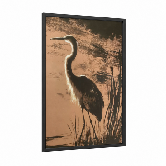 Twilight Heron framed art print — black wood frame — gold and black palette
