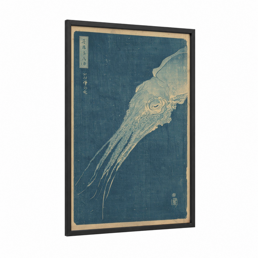 Luminous Squid framed art print — black wood frame — blue and cream palette