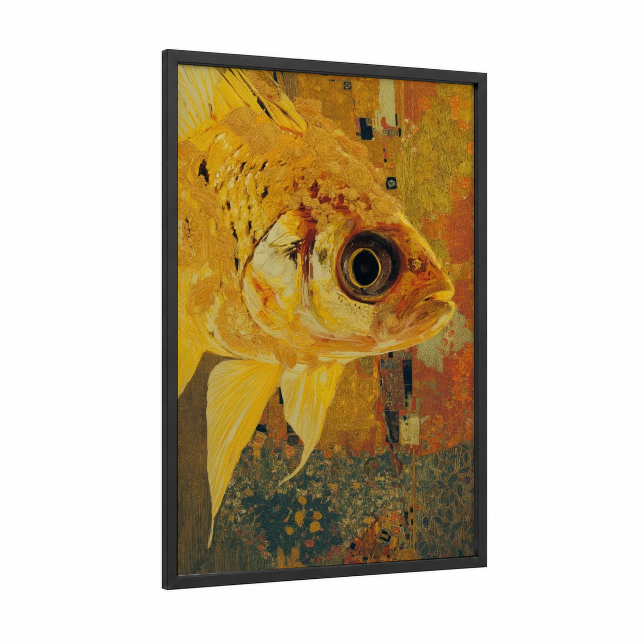 Golden Zebrafish framed art print — black wood frame — gold and orange palette