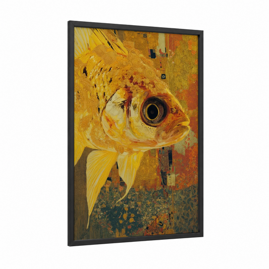 Golden Zebrafish framed art print — black wood frame — gold and orange palette