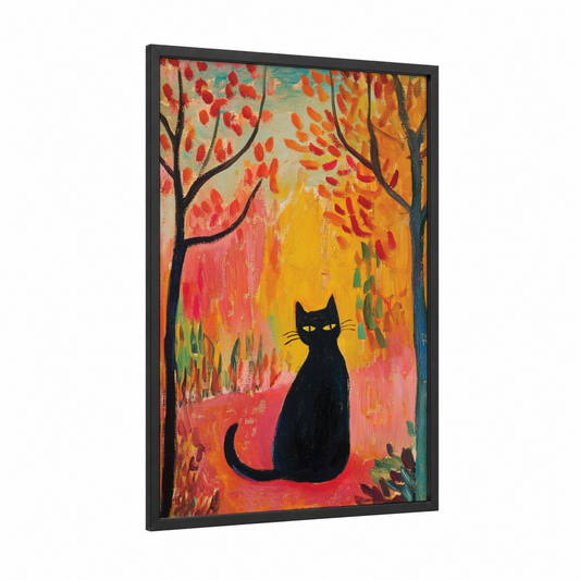Autumn Cat framed art print — black wood frame — orange and yellow gold palette