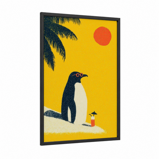 Tropical Penguin framed art print — black wood frame — yellow and blue palette