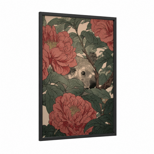 Peony Koala framed art print — black wood frame — rose gold and sage green palette