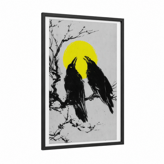Moonlit Ravens framed crows and ravens print — black wood frame — black and white and yellow gold palette