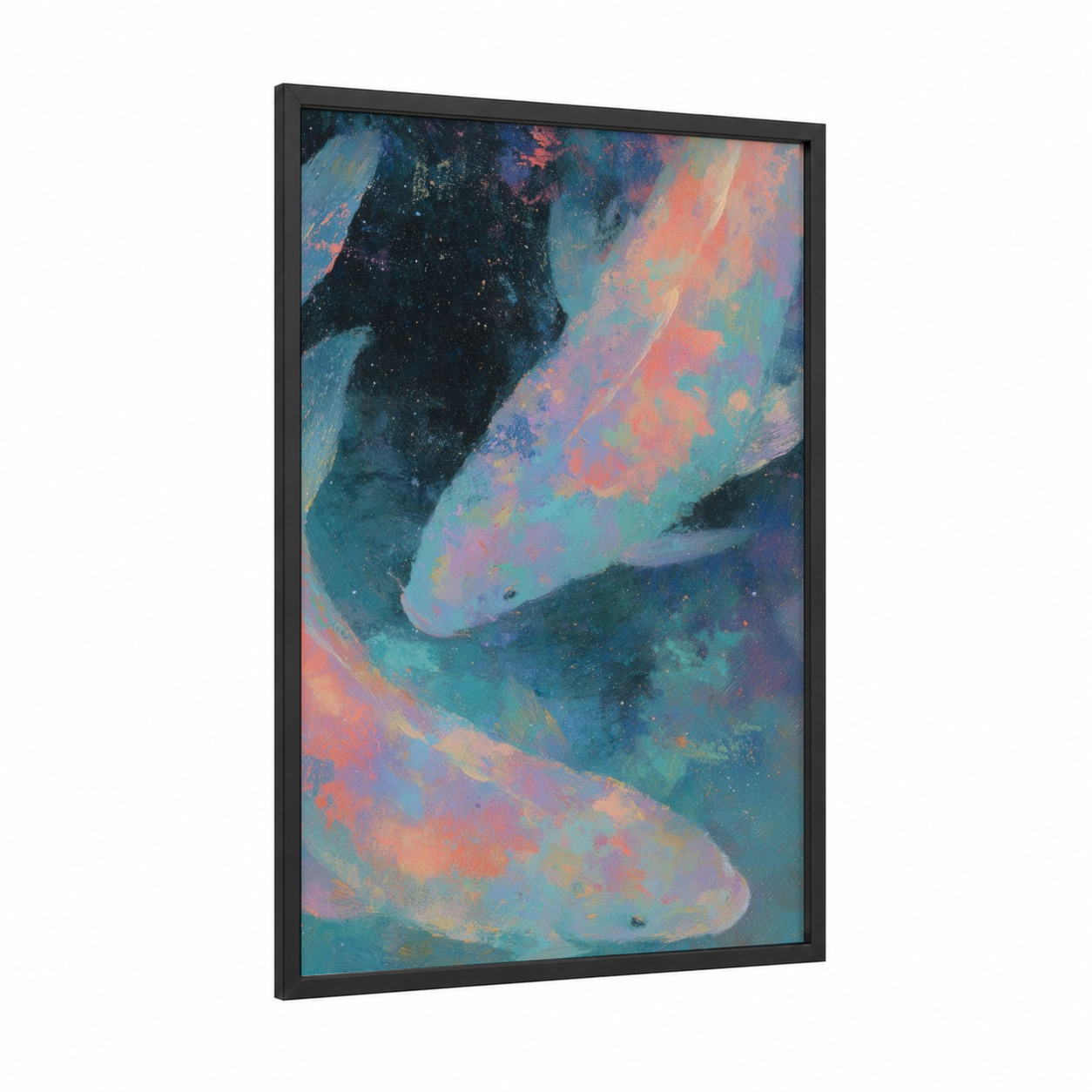 Cosmic Pisces framed art print — black wood frame — teal and salmon pink palette