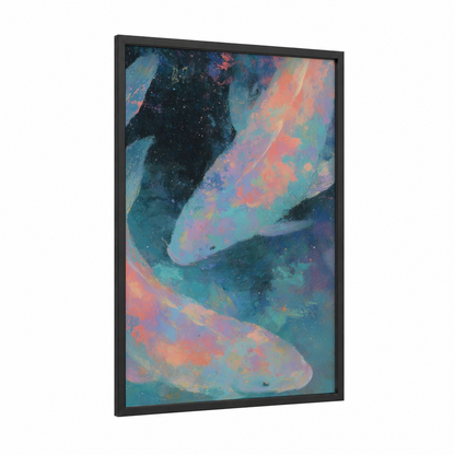 Cosmic Pisces framed art print — black wood frame — teal and salmon pink palette