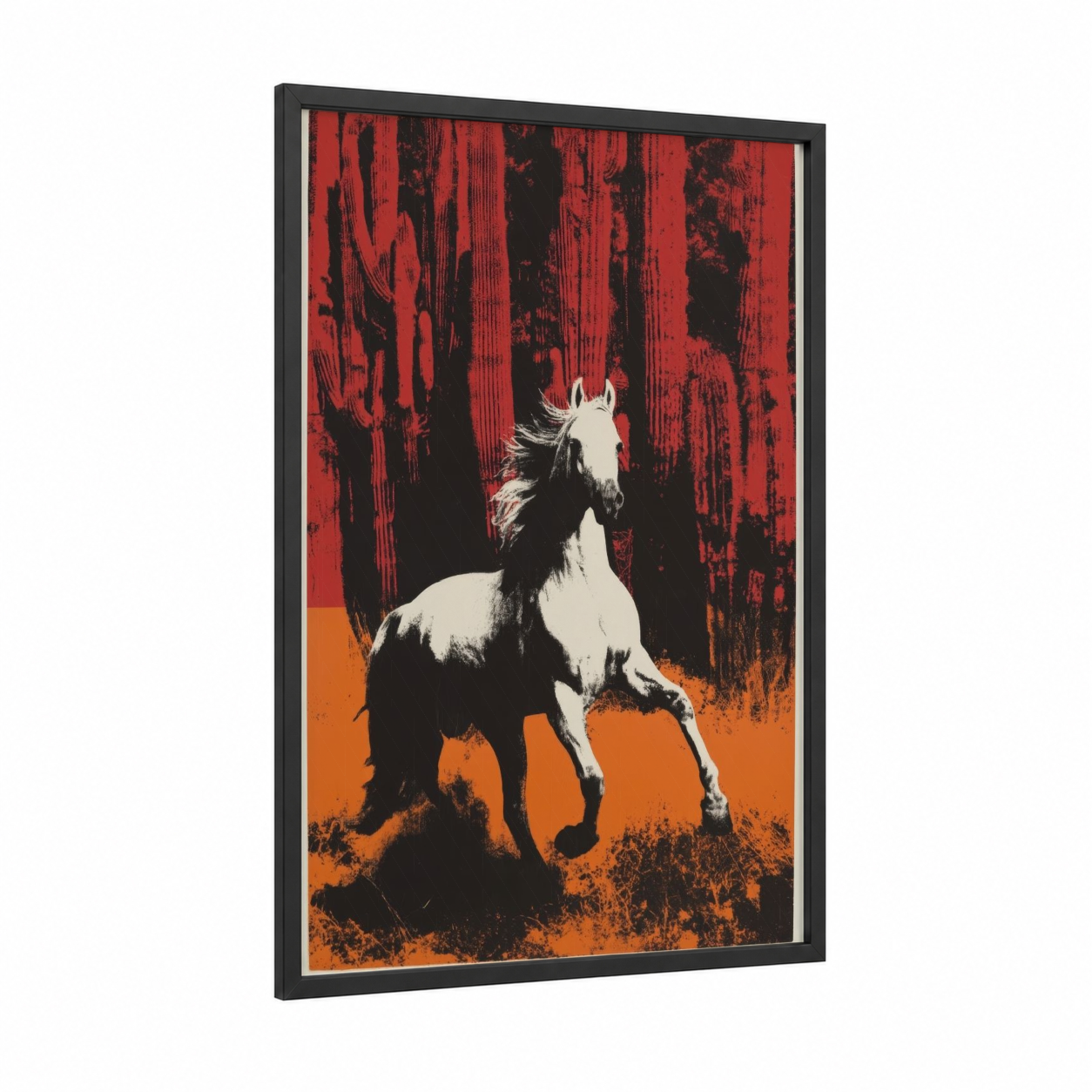 Prancing Arabian framed arabian horse print — black wood frame — red and orange palette